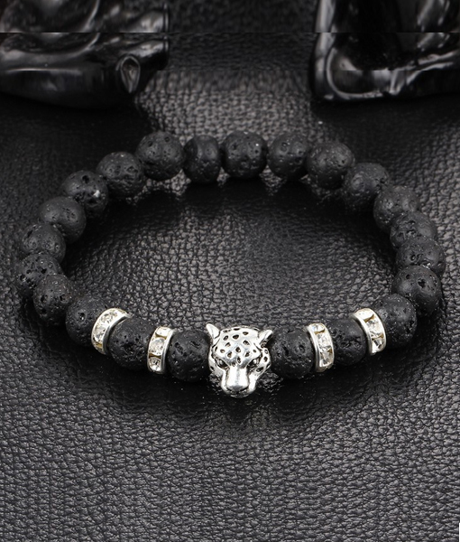 Trendy armbånd mot leopard sølv svart lava steiner