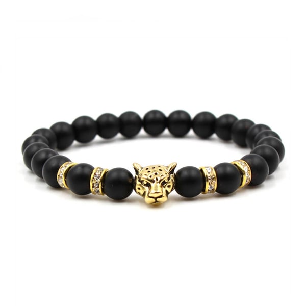 Handgjort Armband Svart Lavasten och Guld Leopard