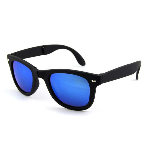 Sammenleggbare svarte veifares solbriller Blue Mirror Glass + Senile String