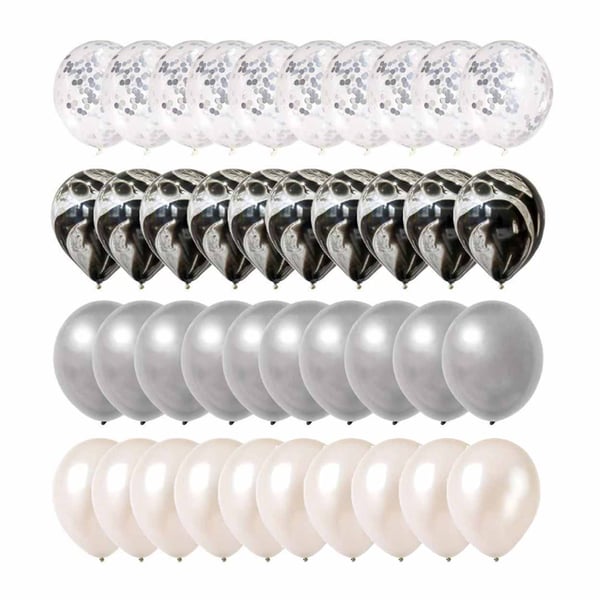 40-pack ballonger hvite svart sølv konfettiballongs bursdag