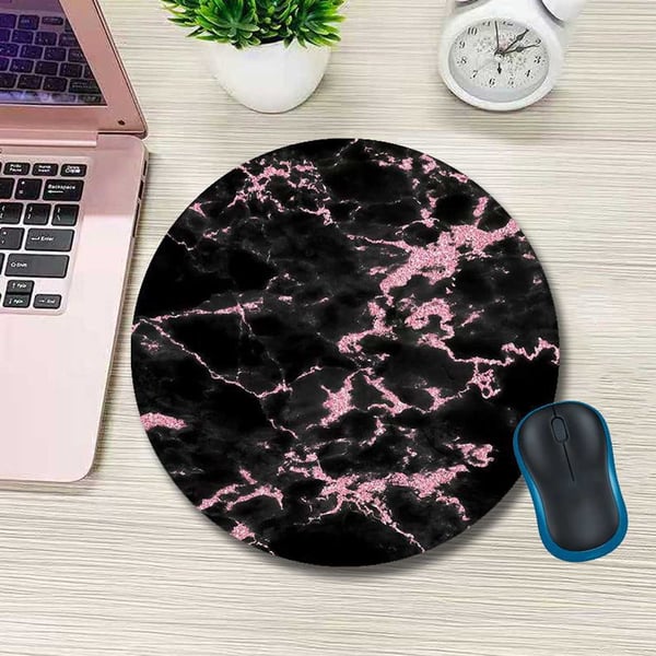 Myk rund musematte med trykk svart rosa marmor 20cm