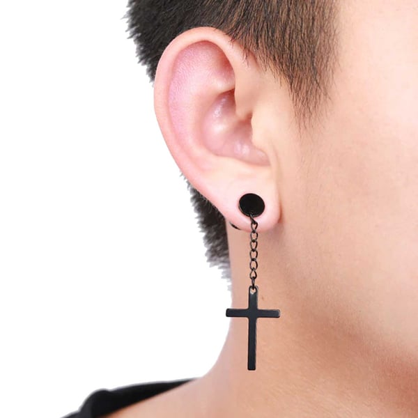 2-pack piercing ørering falske plugg med hengende kryss svart