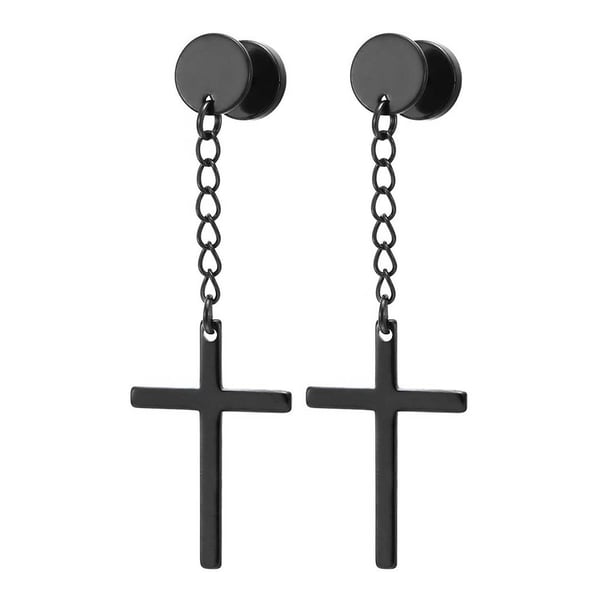 2-pack Piercing Örhänge Fake Plug med Hängande Kors Svart