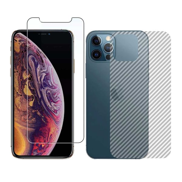 iPhone 12 Pro Display Film + Hiilikuitusuojakalvo selkänojalle