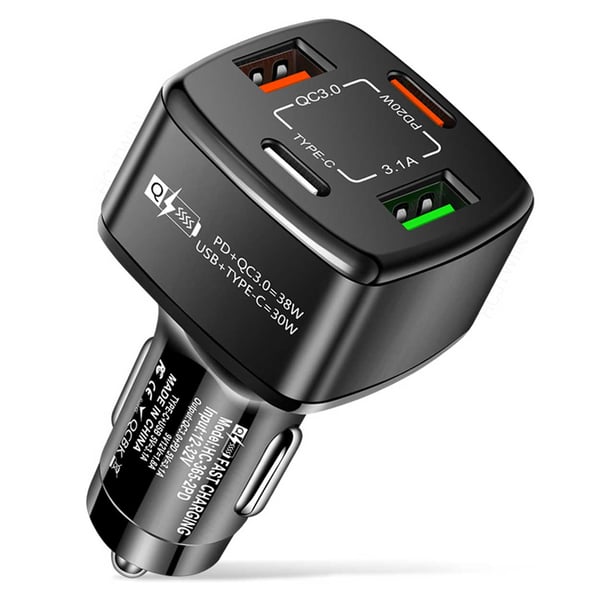 Billaddare 4 USB Supersnabb 38W PD Quick Charge 3.0