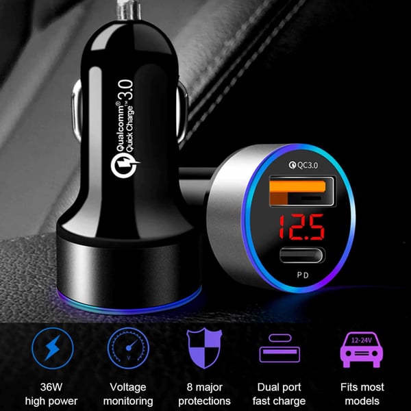 Billader USB-C 6A 36W strømlevering Quick Charge 3.0