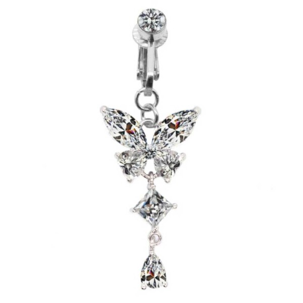 Fake Navelpiercing Clip-on Navelring Utan Hål Fjäril Kristall Silver
