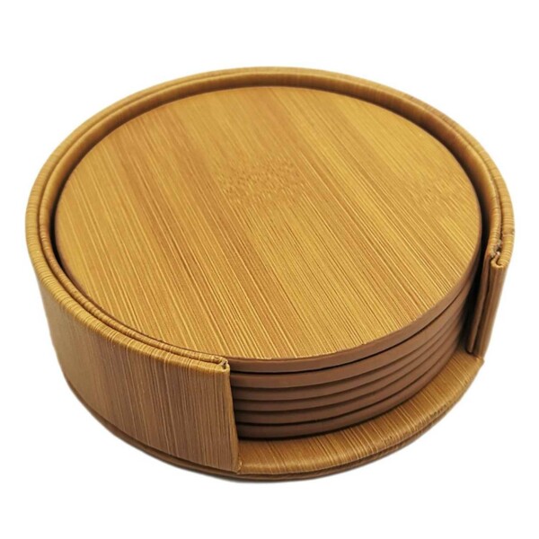 6-pakkaus palautettavissa oleva lasitakki PU Holder Wood Oak Brown kanssa