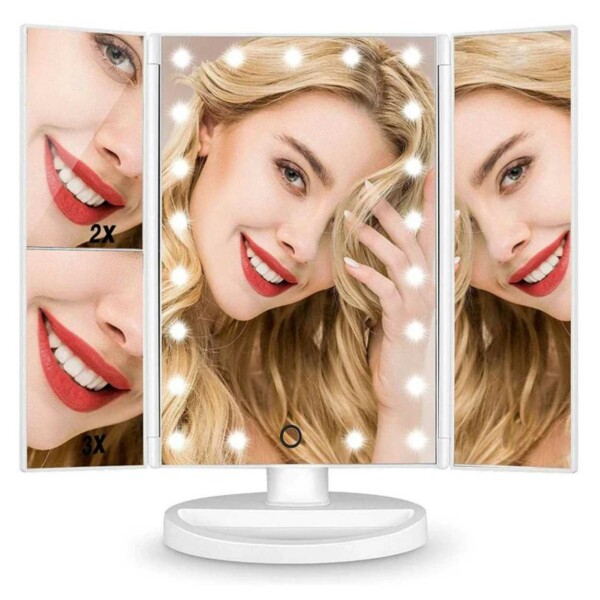 LED Sminkspegel med Belysning – Tri Fold Make Up Mirror Vit