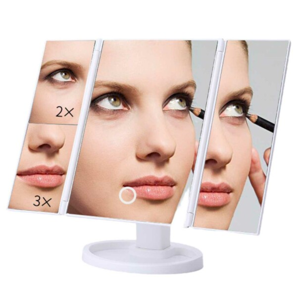 LED -sminke speil med belysning - Tri Fold Make Up Mirror White