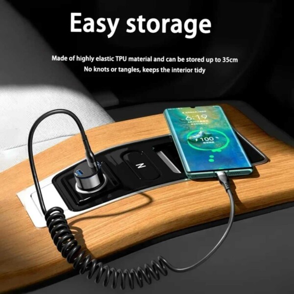 USB A till USB-C Spiralkabel 5A Snabbladdning 1,5m Vit
