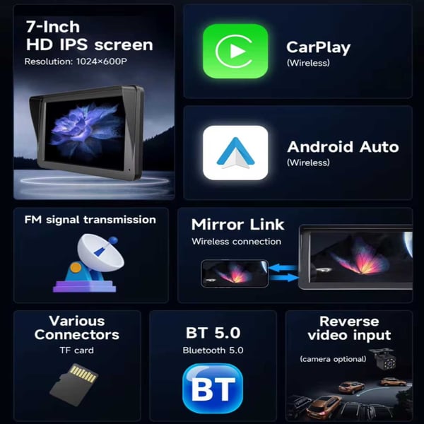 Bilstereo 7" touchskærm til bil med trådløst Carplay og Android Auto