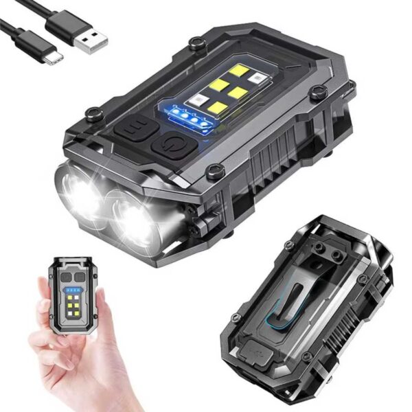 Mini LED Ficklampa Pocket Torch Nyckelring USB Uppladdningsbar med Blåljus