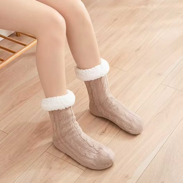 Karvaiset lämpimät neulotut sukat tossut, joissa on liukastumista estävä beige