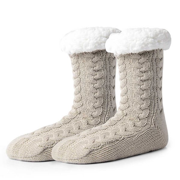 Pelsede, varme strikkede sokker hjemmesko med anti-slip beige