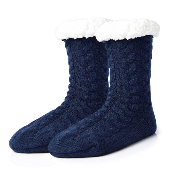 Lurviga Varma Stickade Sockor Tofflor med Halkskydd Blå