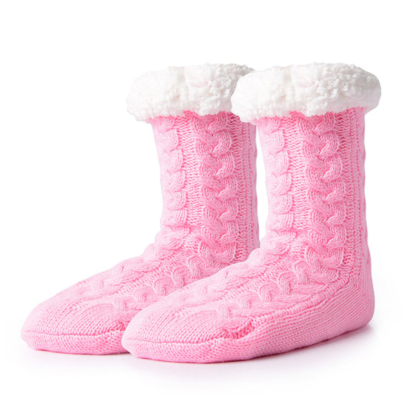 Lurviga Varma Stickade Sockor Tofflor med Halkskydd Rosa