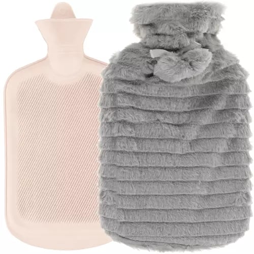 2L Värmeflaska med Fluffigt Fodral | Stor Varmvattenflaska med Plyschöverdrag