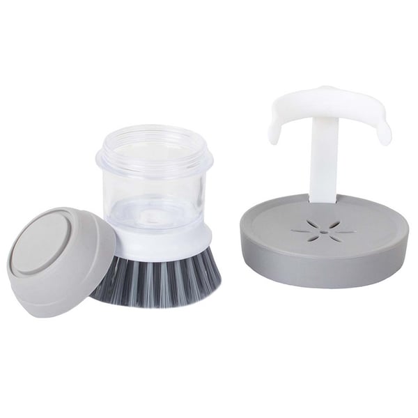 Oppvaskbørste med vaskemiddelbeholder og stativ