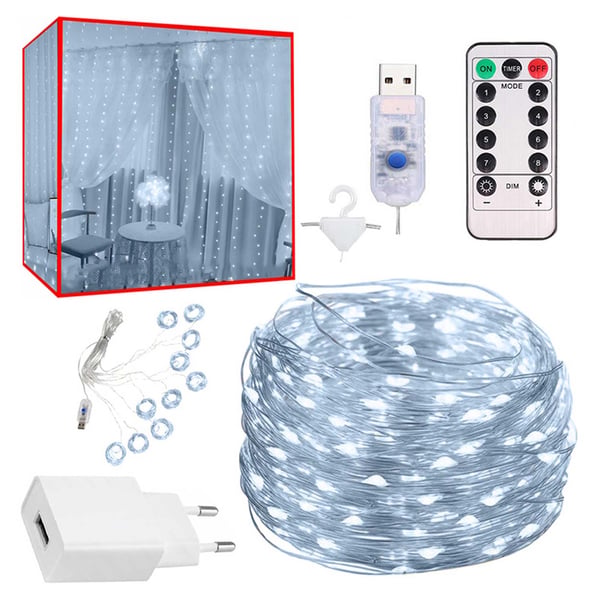 LED Gardin USB Lysstreng med Fjernkontroll 300 LED 3m Kald Hvit