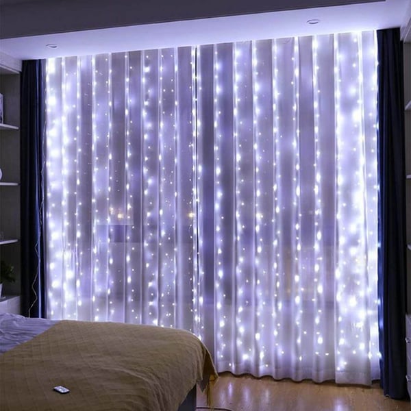LED Gardin USB Lysstreng med Fjernkontroll 300 LED 3m Kald Hvit