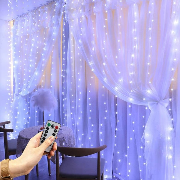 LED Gardin USB Lysstreng med Fjernkontroll 300 LED 3m Kald Hvit