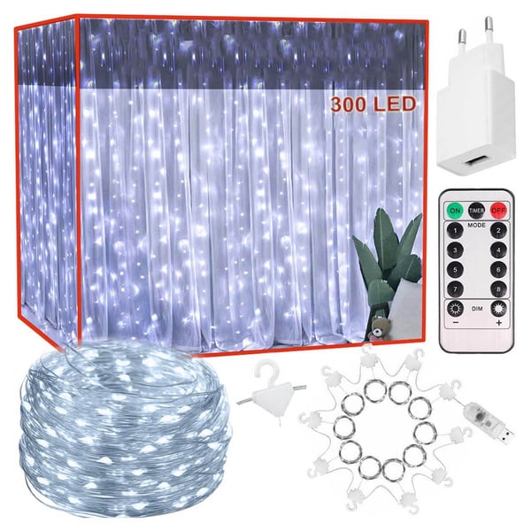 LED Gardin USB Lysstreng med Fjernkontroll 300 LED 3m Kald Hvit