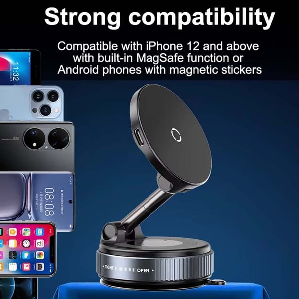 360° Magsafe Bilhållare med Trådlös Laddning och Superstark Vakuum Sugpropp