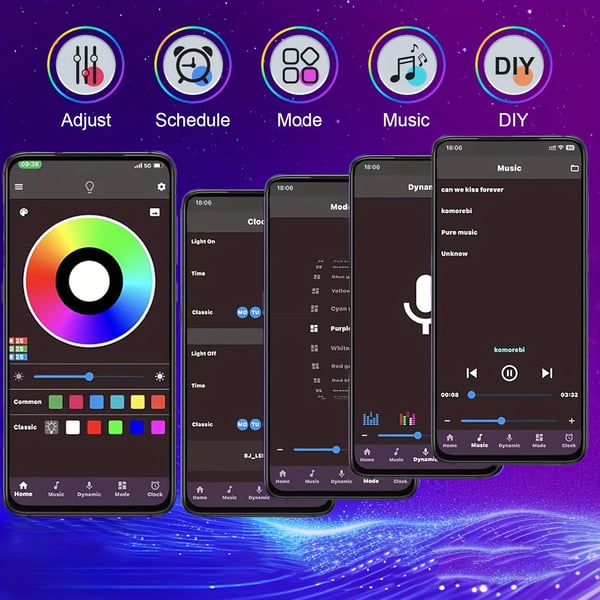 5m Smart RGB LED Strip List Ljusslinga med App, Fjärrkontroll och Väggadapter