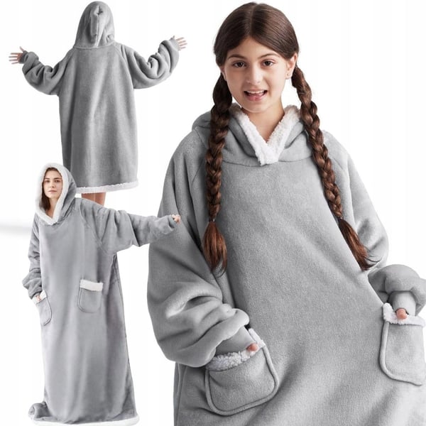 Extra stor och mjuk filttröja – varm hoodie-filt med huva, fickor och universell XXL-passform, grå