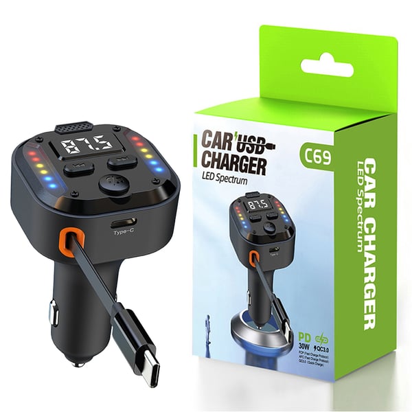 Dubbel Type-C FM-sändare & snabbladdare för bil – Bluetooth 5.3, PD 30 W + QC 3.0, RGB-ljus & Inbyggd Kabel