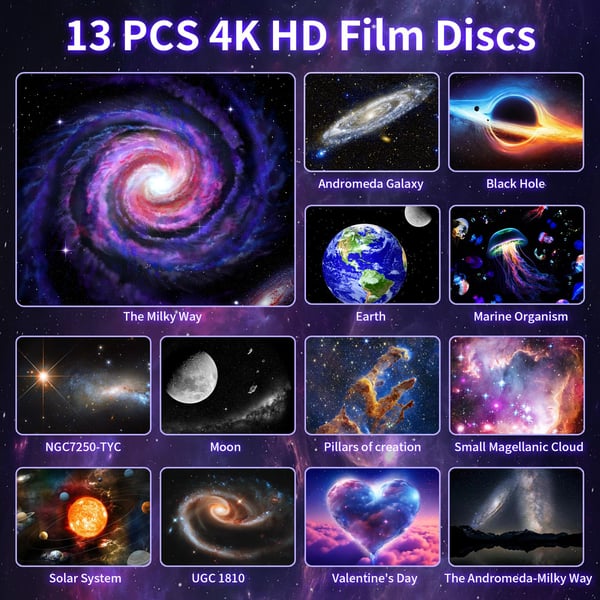 4K HD Galaxy Projektor 13-i-1 – Stjärnprojektor med Meteoreffekt, 360° Rotation & 13 Filmrullar
