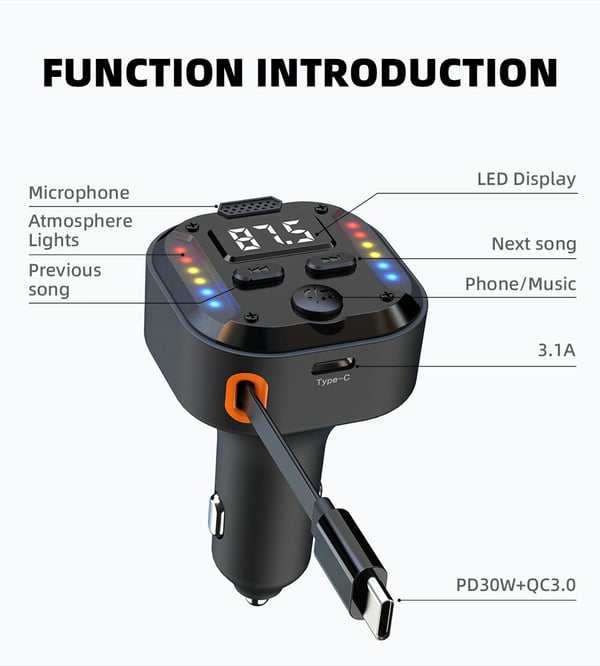 Dobbelt Type-C FM-sender & hurtigoplader til bil – Bluetooth 5.3, PD 30 W + QC 3.0, RGB-lys & Indbygget Kabel