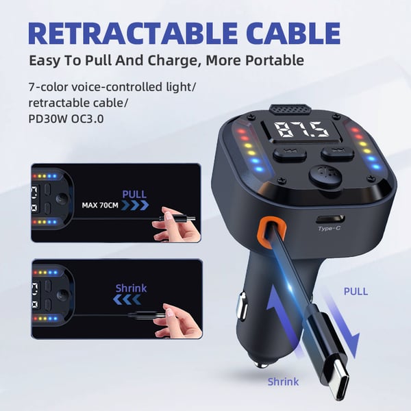 Dobbelt Type-C FM-sender & hurtigoplader til bil – Bluetooth 5.3, PD 30 W + QC 3.0, RGB-lys & Indbygget Kabel