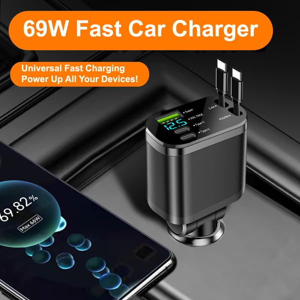 5-i-1 USB-C 100W Hurtigoplader til Bil | Billader med Utrækkelige Kabler