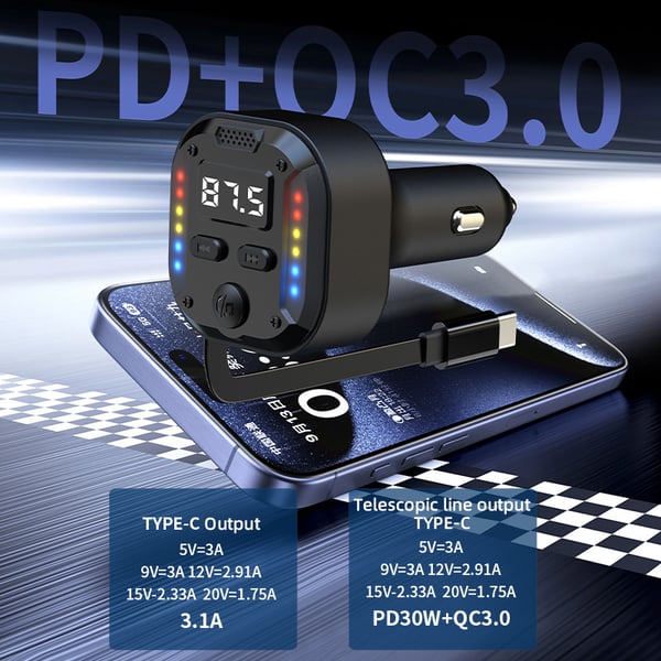 Dobbelt Type-C FM-sender & hurtigoplader til bil – Bluetooth 5.3, PD 30 W + QC 3.0, RGB-lys & Indbygget Kabel