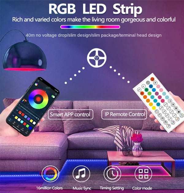 5m Smart RGB LED Strip List Ljusslinga med App, Fjärrkontroll och Väggadapter