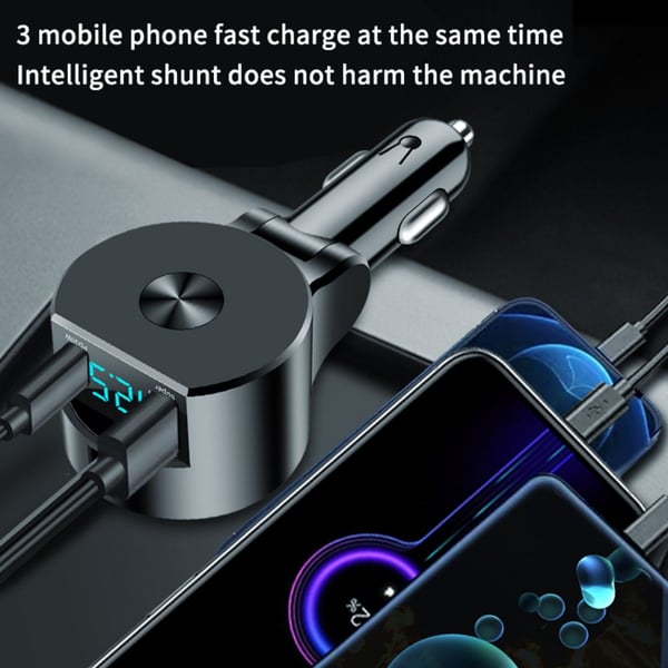 3-i-1 Upprullningsbar Billaddare 75W USB-C & USB-A Snabbladdning med LED Voltmeter, 12-24V