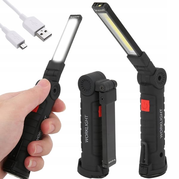 Magnetisk verkstads- och arbetslampa 5-i-1 – laddningsbar LED-lampa med USB, stark magnet och vikbar krok