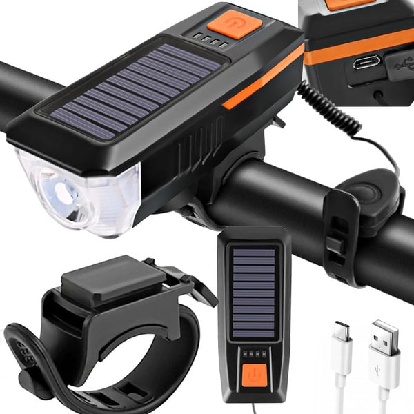 LED Cykellampa Fram Solcellsdriven med Signalhorn och USB