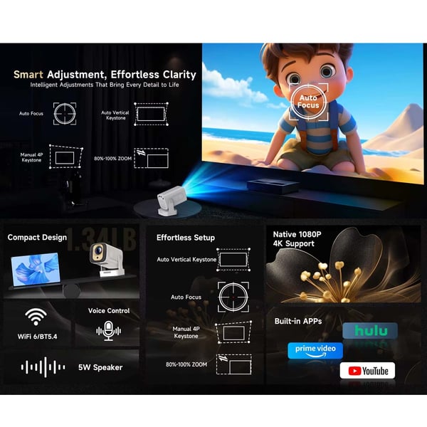 2026 HY310 Full HD 1080p Smart Projektor, Android 14, Autofokus, 4K-understøttelse & AirMouse