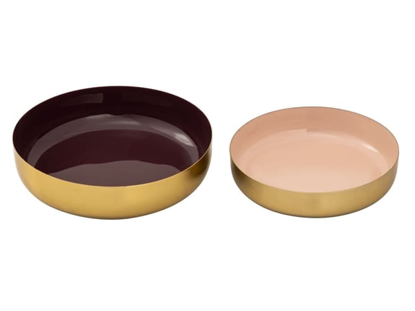 Deco Bowl 2 runde nibbleskåle metalguld og indvendig emalje – lilla pink