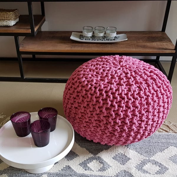 Strikket puf puf Ø 45 cm siddeplads pufstol gulvpude – pink