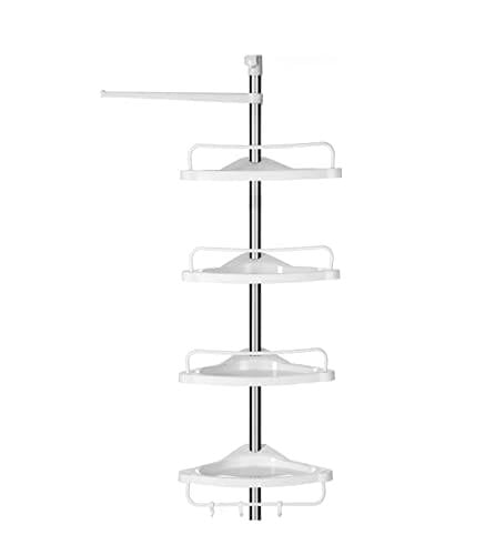 Songmics Justerbar badeværelse hjørnehylde, teleskopisk brusebad caddy, 95-300 cm, gulv til loft, med ramme i rustfrit stål, 4 bakker, 3 kroge, 1 håndklædestang, hvid og sølv BCB02SW