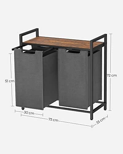 Vasagle Tøjvaskkurv, 2-rumvaskeri Hamper, Oxford-stof, udtræk og aftagelige vaskeposer, metalramme, 2 x 46L, 73 x 33 x 72 cm, rustik brun og grå blh201g01