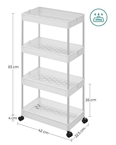 Songmics 4-lags opbevaringsvogn, rullende vogn med hjul, pladsbesparende køkkenvogn i kontoret badeværelse, 40 x 22 x 86 cm, hvid KSC10WT