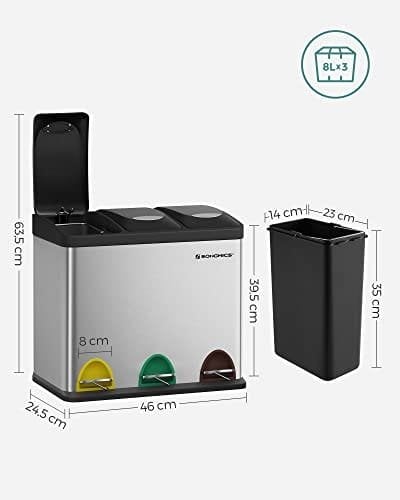 Songmics Recycling Bin, 3-in-1 Pedal Bin, 24-Liter Metal Rubbish Bin, Waste Separation System skraldespand til køkken, let at rengøre, stål, sølv LTB24L