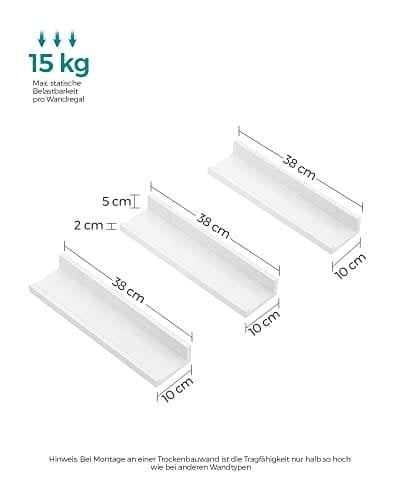Songmics Wall Shelf 3 Sæt flydende hylder afsats til billedrammer og bøger, 38 x 10 cm, MDF White LWS38WT