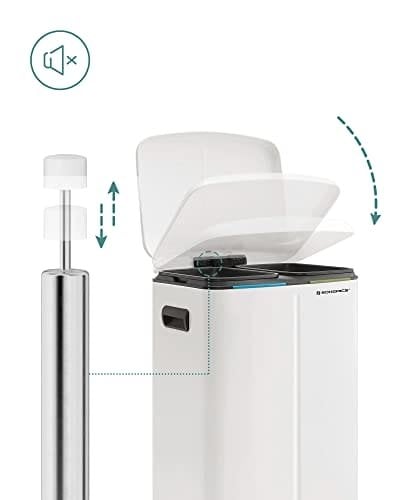Songmics Double Rubbish Bin, 2 X 20 L Kitchen Bin, Dual Compment Metal Step Bin, med plastiske indre spande, blød-tæt låg og håndtag, lugtforsegling, hvid LTB40WT