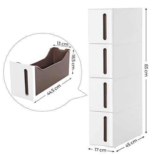 Songmics plastopbevaringsskuffer, smal opbevaringsvogn på hjul, 4-skuffe opbevaringsenhedstårn til badeværelse køkken, rumbesparende, 45 x 17 x 83 cm, hvid og brun KFR08WT